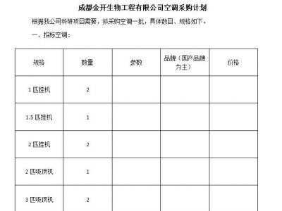 成都金开生物工程有限公司空调采购计划